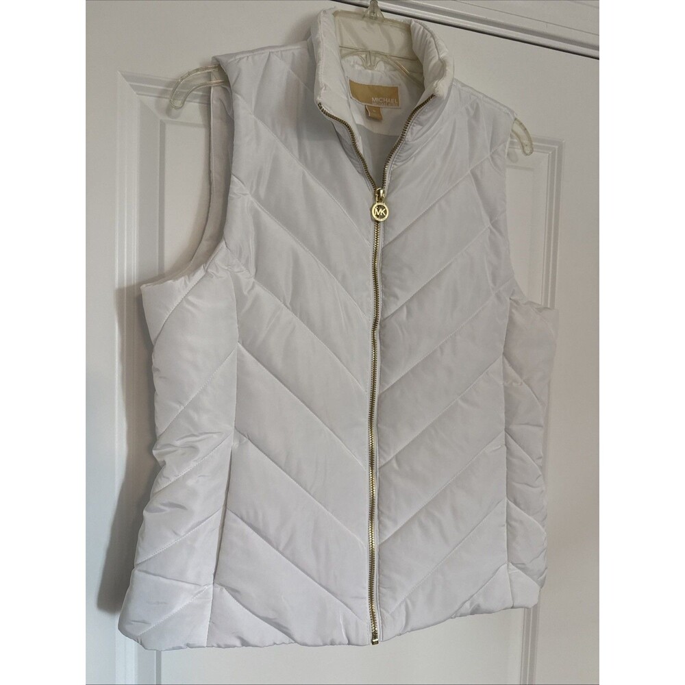 Michael Kors Womens MEDIUM Puffer Vest Jacket Ivory Full Zip Gold Logo Pull
